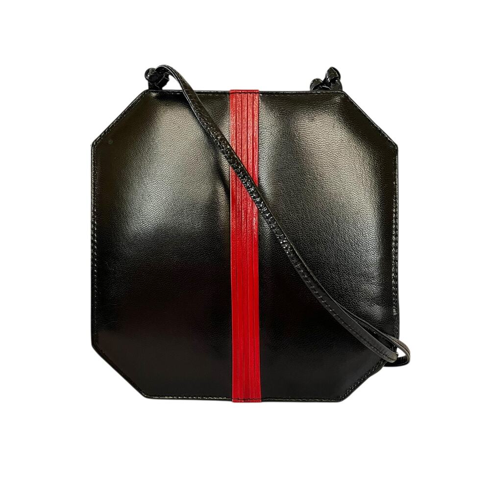 1960s Susan Gail Bellido Mod Vintage Black Leather Red Stripe Evening Bag Purse